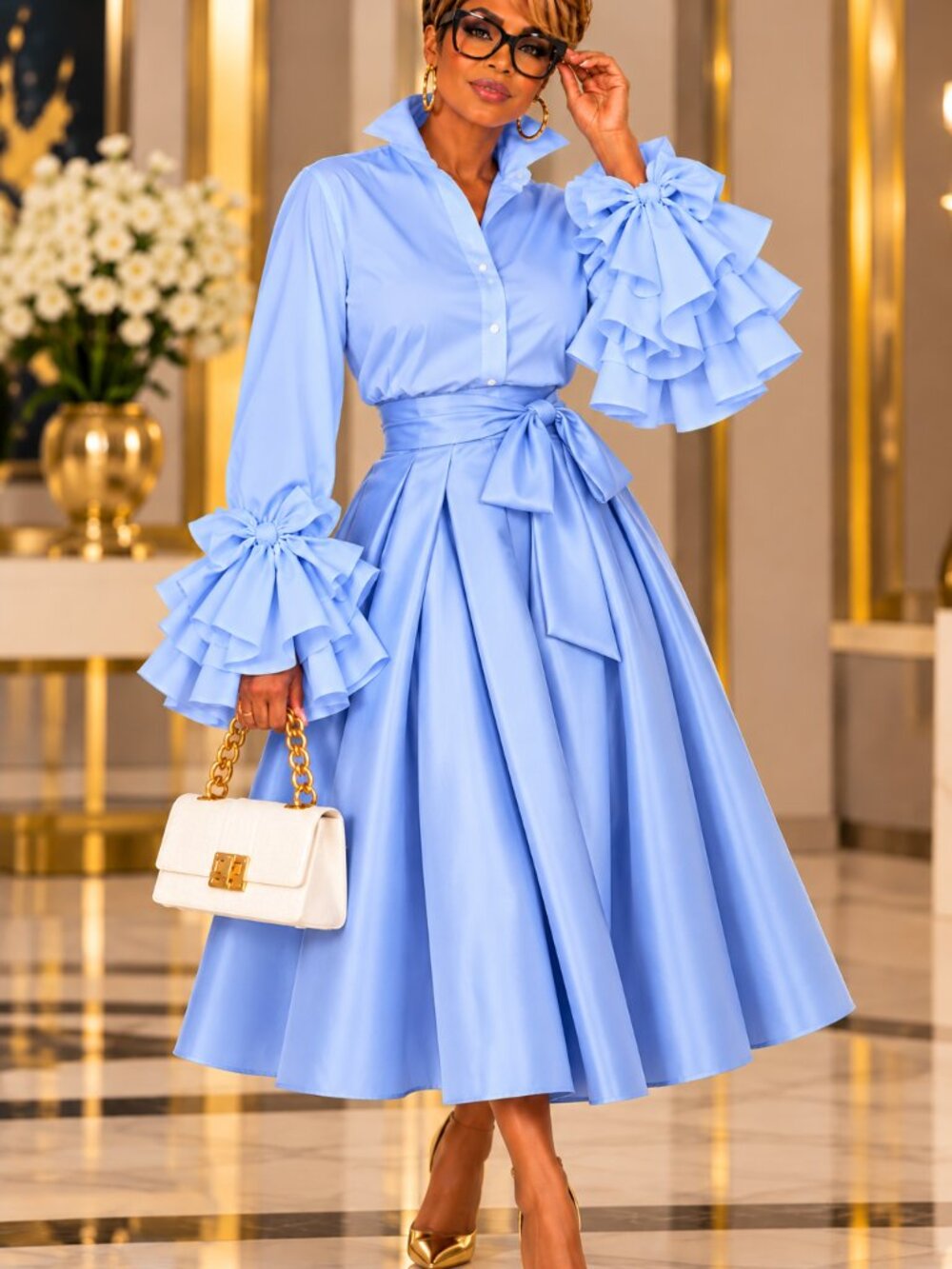 Elegant Blue Ruffle Cuff Button Down Blouse Plus Size 1XL 14